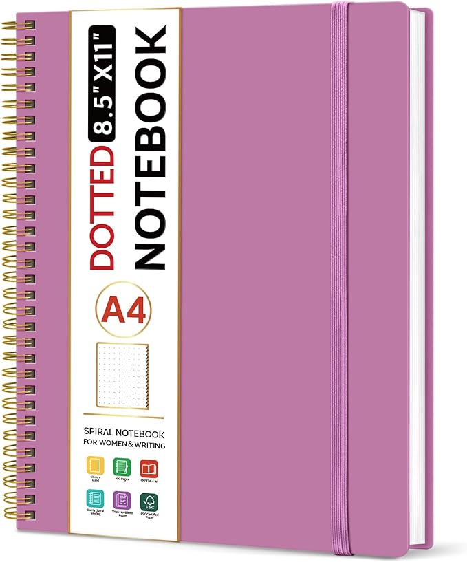 Taja Spiral Dotted Notebook, 8.5"x11" Notebooks for Work, Large A4 Journal for Women & Men, Dotted Journal, Journaling Notebook for Writing, Plastic Cover Spiral Journal,Purple