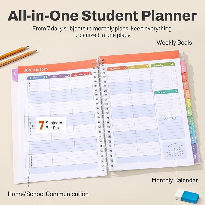 Student Planner 2026-2027, SUNEE Academic Weekly & Monthly Plan Book, Jul. 2026 - Jun. 2027, 6.5"×8.3" Middle & High School Planner, Lesson Plan Book with Week's Goals, Bookmark, Monthly Tabs, Blue