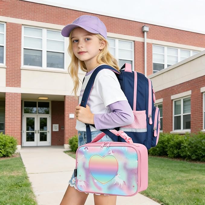 FlowFly Kids Lunch box Insulated Soft Bag Mini Cooler Back to School Thermal Meal Tote Kit for Girls, Boys, Glitter-Unicorn