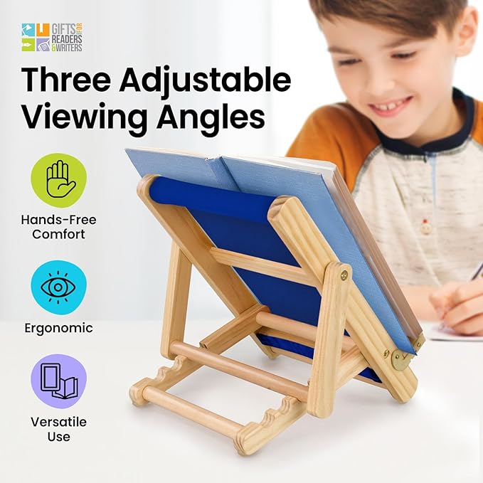 Gifts for Readers & Writers Book Stand Holders Wood Ipad Stand Blue, Stylish Wooden Book Holders for Reading Hands Free, Compact and Portable Wooden Cookbook Stands, Textbook Holder