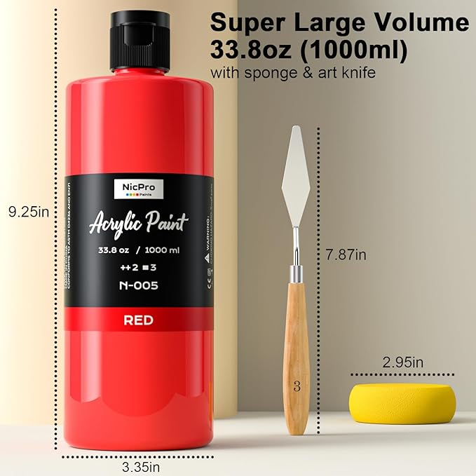 Nicpro 14 Colors Large Bulk Acrylic Paint Set (33.8 oz, 1000 ml) Rich Art Painting Supplies, Non Toxic for Multi Surface Rock Canvas Wood Ceramic Leather Fabric Craft for Adult with Color Wheel