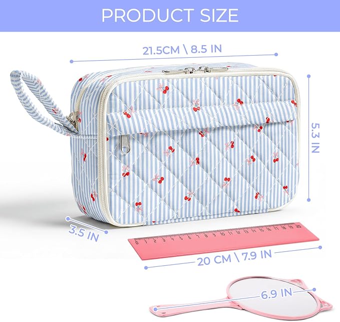 WOBAGMEN Quilted Pencil Pouch for Girls Women, Large Pencil Case Pouch with Compartments Cute Aesthetic Pencil Case Organizer, Floral Pencil Bag for School Supplies (Striped Cherry)