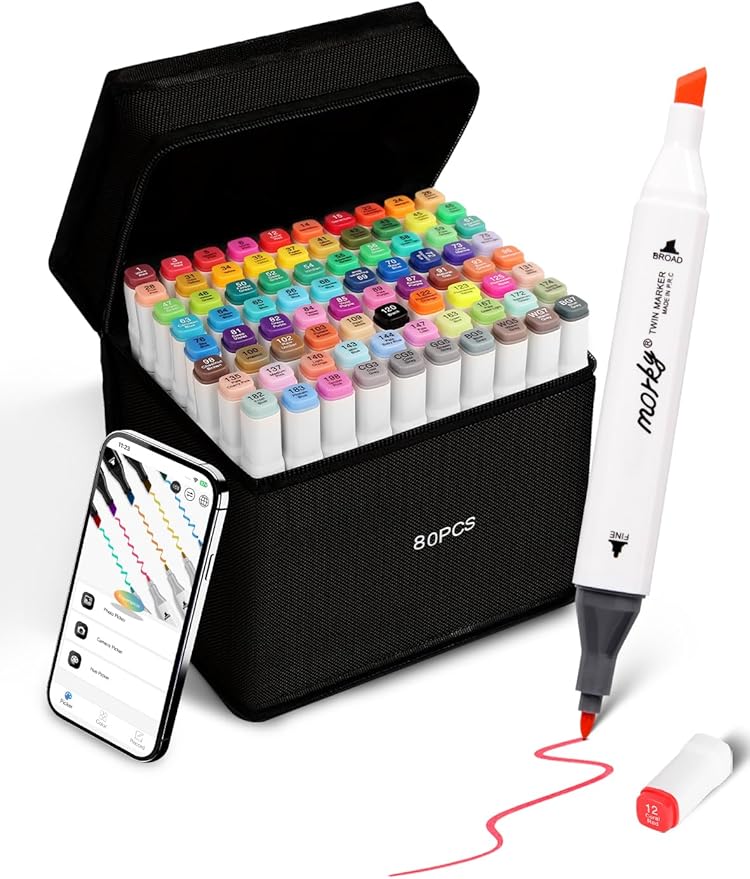 Brled 80 Colors Alcohol Markers with Free App, Chisel & Fine Tip Alcohol-Based Marker Set for Adults, Dual Tip Artist Markers for Drawing, Coloring Illustration, Painting and Great Gift Idea