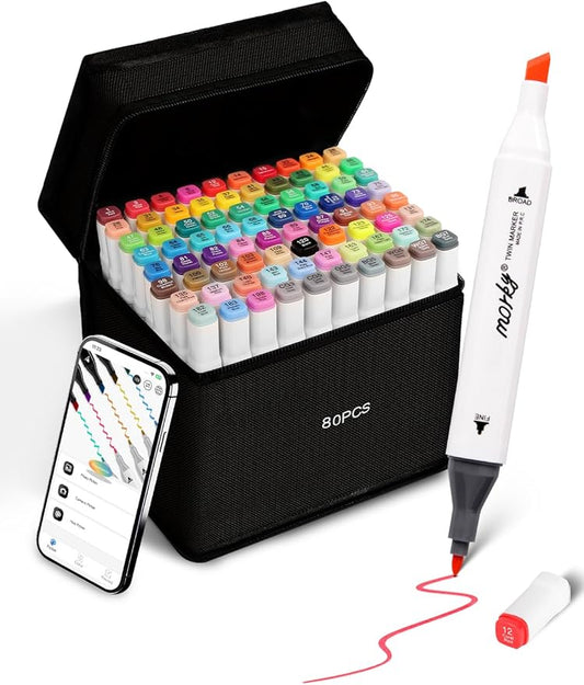 Brled 80 Colors Alcohol Markers with Free App, Chisel & Fine Tip Alcohol-Based Marker Set for Adults, Dual Tip Artist Markers for Drawing, Coloring Illustration, Painting and Great Gift Idea