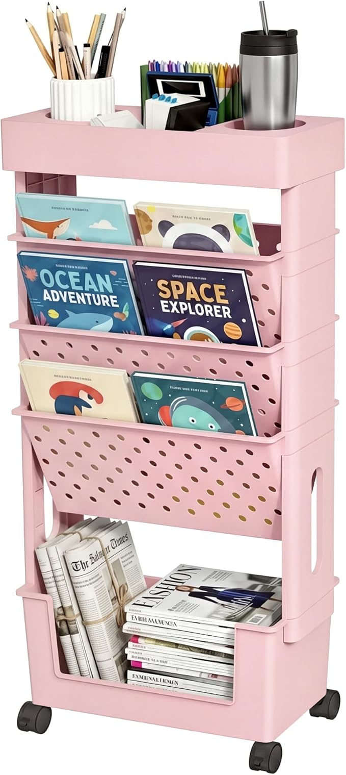 5-Tier Mobile Bookshelf, Rolling Bookcase Book Storage Rack, Movable File Folder Organizer Cart with Wheels for Home Study Office Living Room Classroom, Light Pink