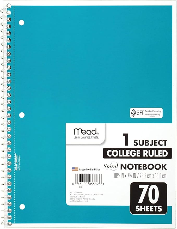 Mead Spiral Notebooks, 1 Subject, College Ruled, 70 Sheets, Assorted Colors, Color Selected For You May Vary, 1 Count (05512) (Pack of 2)