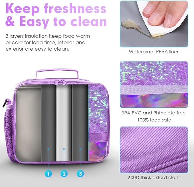 Cerbonny Kids Lunch Bag - Insulated Lunch Box for Girls & Toddlers, Keeps Food Cold & Warm, Purple
