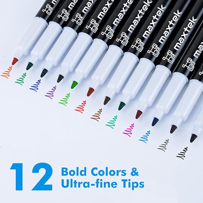 maxtek 24 Count Dry Erase Markers Ultra Fine Tip, 12 Colors, Low Odor, 0.7mm Fine Point Dry Erase Markers for Planning Whiteboard, Calendar Boards