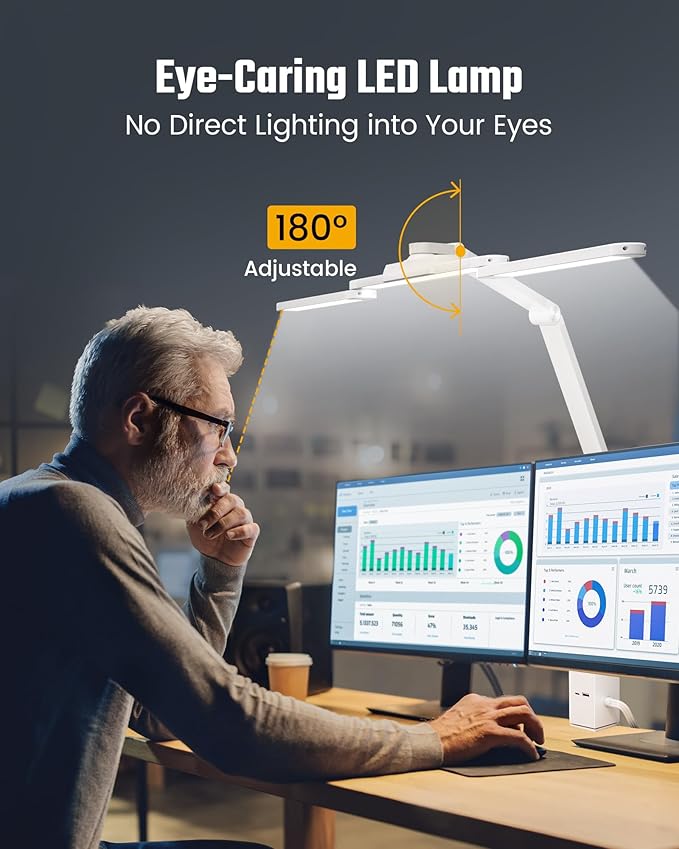 SUPERDANNY LED Desk Lamp with Power Strip (6 Outlets, 1 USB, 1 Type-C) for Home Office, Desk Light Computer Light with Clamp, Architect Desk Lamp with Smooth Dimming 5 Colors (White)