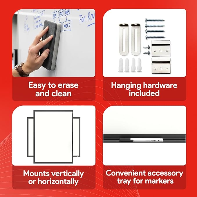 TRU RED Melamine Whiteboard | Dry Erase Board for Wall, White Board with Black Aluminum Frame, 4 ft x 3 ft, 1 Black Marker Included