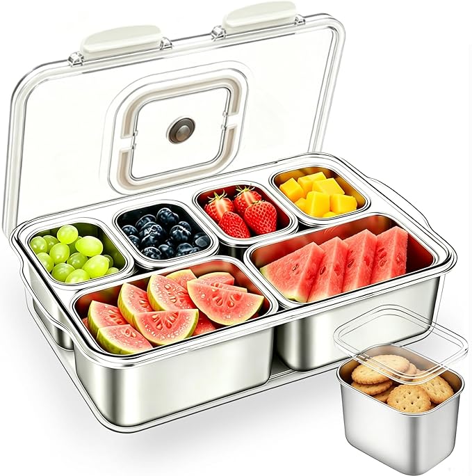 Snackle Box Container, 6-Compartment Stainless Steel Snack Box, Dishwasher Safety Snack Tray with Lid and Handle, Large Divided Serving Tray for Travel, Picnic, Beach, Pool and Parties