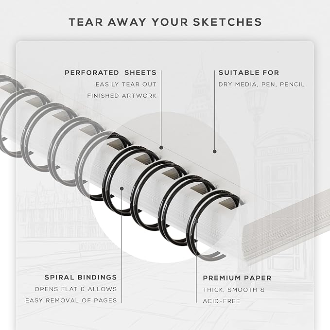 BEECHMORE BOOKS 5.6"x8.5" Spiral Sketchbook – 140 GSM Acid-Free Paper, 100 Perforated Pages, A5 Art Sketch Pad for Drawing & Sketching, Artists, Adults