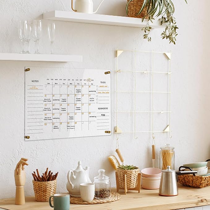 Clear Acrylic Calendar Dry Erase for Wall, Family Planner, Monthly Calendar Dry Erase Whiteboard for Home, Office, 24" x 16" Reusable White Board（YL-4060）