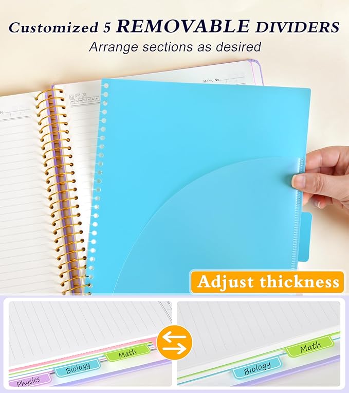 5 Subject Notebook College Ruled 240 Pages, A5(5.8"x8.3") Hardcover Spiral Notebook with Removable Pocket Dividers Tabs, Lined Spiral Journal Notebook for Women, Notebooks for Work School Note taking purple