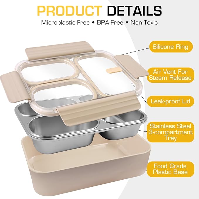Stainless Steel Lunch Box, 3 Compartments Metal Bento Box for Kids, 25oz Lunch Container with Leakproof Lid, Divided Meal Prep Box for Adults, Kids - Ideal for Office, School, Healthy Eating