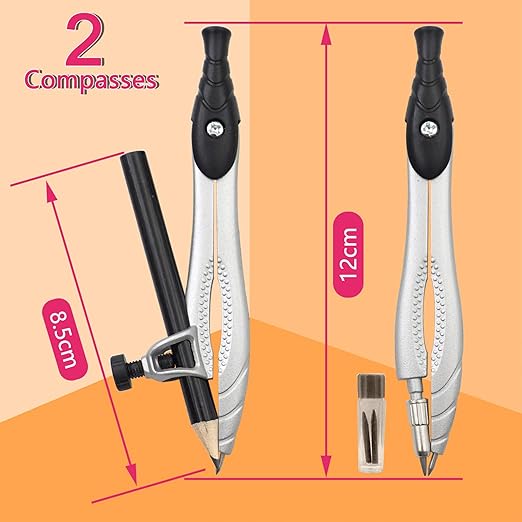 Akuoly Professional Geometry Compass Set, Starter Compass Set Includes 2 Drafting Compasses, Protractor, 2 Set Squares, Ruler in Storage Box, Back-to-School Math Supplies for Students, Black