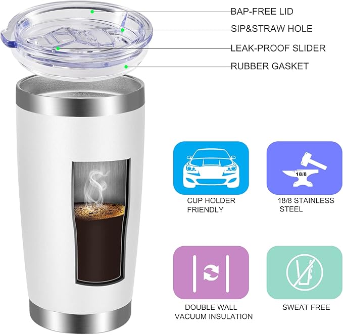 VEGOND 20oz Tumbler with Lid and Straw Stainless Steel Tumbler Cup Bulk Vacuum Insulated Double Wall Travel Coffee Mug Powder Coated Coffee Cup, White, 6 Pack