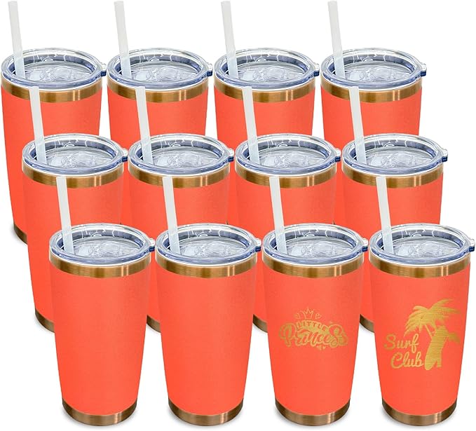 20 oz Tumbler Bulk 12 Pack Stainless Steel Tumblers with Lids and Straws, Double Wall Vacuum Insulated Travel Coffee Mug for Laser Engrave, Powder Coated Cup for Hot and Cold Drinks (Orange,12 pack)