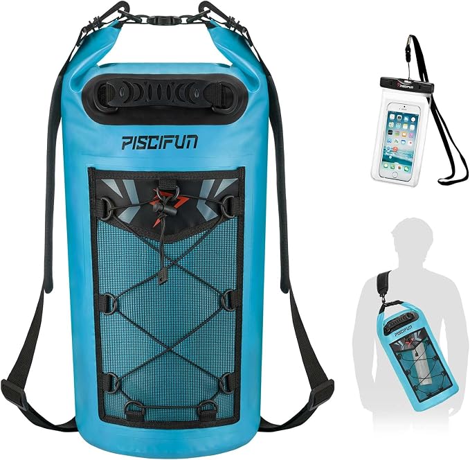 Piscifun Dry Bag, Waterproof Floating Backpack 10L/20L/30L/40L | Waterproof Phone Case, Adjustable shoulder straps, Roll-top closure keeps gear dry, Ideal for Boating, Kayaking, Fishing
