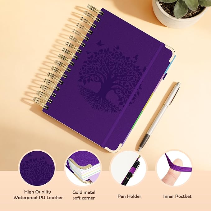 QIYVLOS Hardcover Spiral Notebook, A5 Journal with Removable Dividers Tabs, 5 Subject Notebook College Ruled, 320 Pages 6"x8" Leather Notebooks for Work School Study, Lined Journal for Women, Purple
