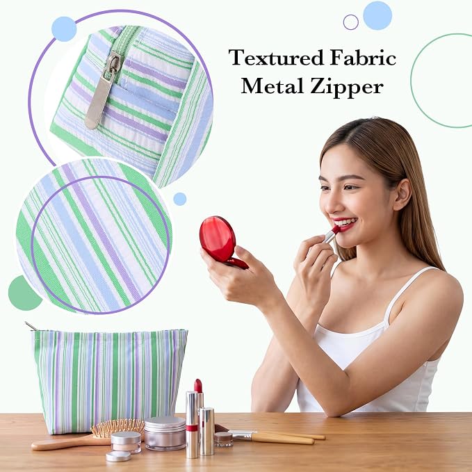 Huhumy 2 Pcs Striped Makeup Bag, Travel Toiletry Bag for Women, Aesthetic Cute Colorful Cosmetic Pouch, Seersucker Storage Organizer for Accessories, Essentials, Toiletries(Green Blue Purple)