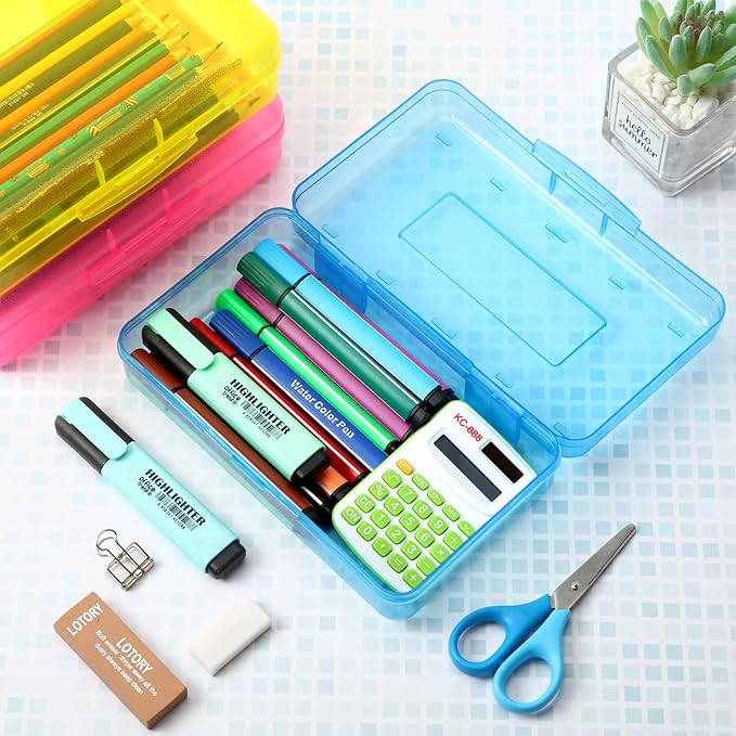 Leelosp 12 Pack Clear Pencil Boxes for School Bulk, Large Plastic Pencil Case with Lid, Stackable Hard Crayon Storage Box for Classroom Kids, Desk Drawer Organizer for Office Home(Pink Yellow Blue)