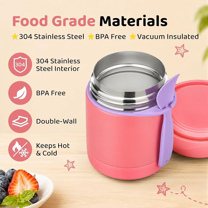 Pawtong 10oz Insulated Food Jar, Thermo for Hot Food Lunch Container, Stainless Steel Lunch Box for Kids with Spoon (Pink)