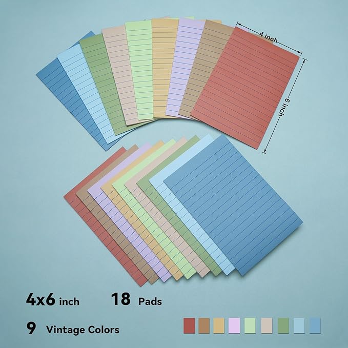 (18 Pads) Lined Sticky Notes 4x6 in Post, Large Notepads with Lines, Vintage Colors Self- Stick Note Pad it, Strong Adhesive, Post on Windows, Doors, Easy to Write for Office, Home, School