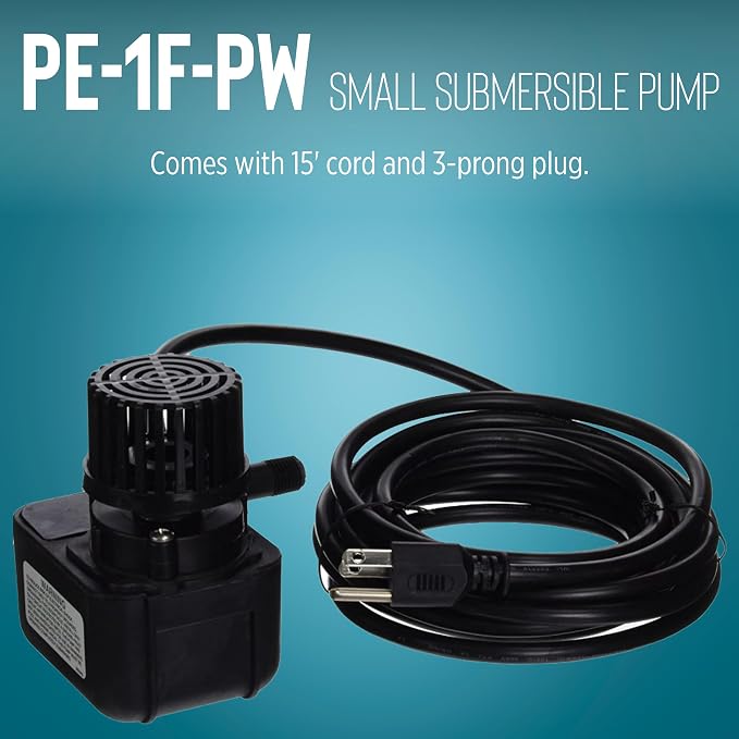 Little Giant PE-1F-PW 115 Volt, 1/125 HP, 170 GPH Submersible Direct Drive Fountain Pump with 15-Ft. Cord, Black, 566608 | 1/125 HP, For Fountains/Hydroponics/Recirculation, Epoxy-coated Aluminum, Manual (no switch), 566608