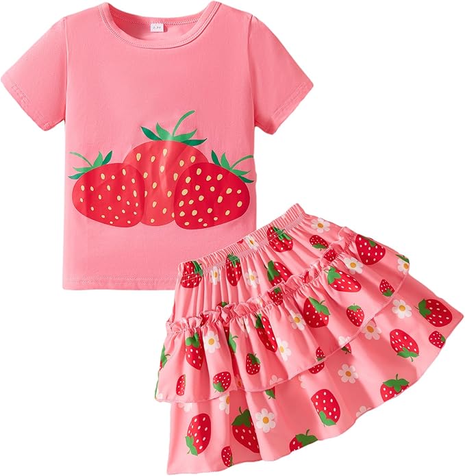 Little Girls Skirt Set - 2 Piece Short Sleeve Top Shirred Tiered Skirt Outfit Girls Spring Summer Clothes 3-8 Years
