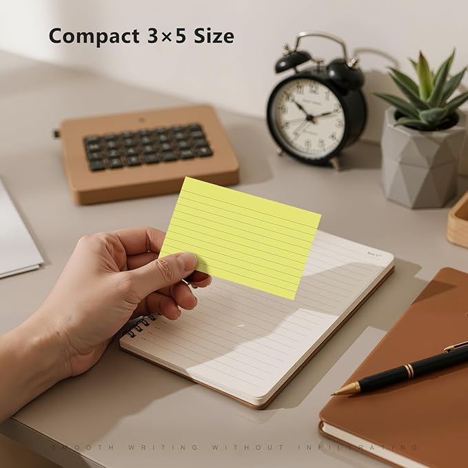 250 Count Index Cards 3 x 5 Inch, Thick Yellow Lined Note Cards Portable Ruled Flash Cards Perfect for Studying and Organizing, Note Taking Study Flashcards for Home, School and Office