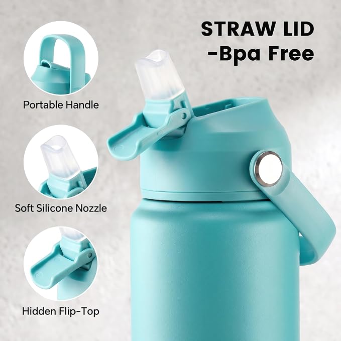 Fijinhom 24oz Insulated Stainless Steel Water Bottle, Wide Mouth Double Wall Vacuum, Silicone Straw, Sweat & Leak Proof, BPA Free Insulated Water Flask for Travel, Keep Cold 24h Hot 12h, Sky