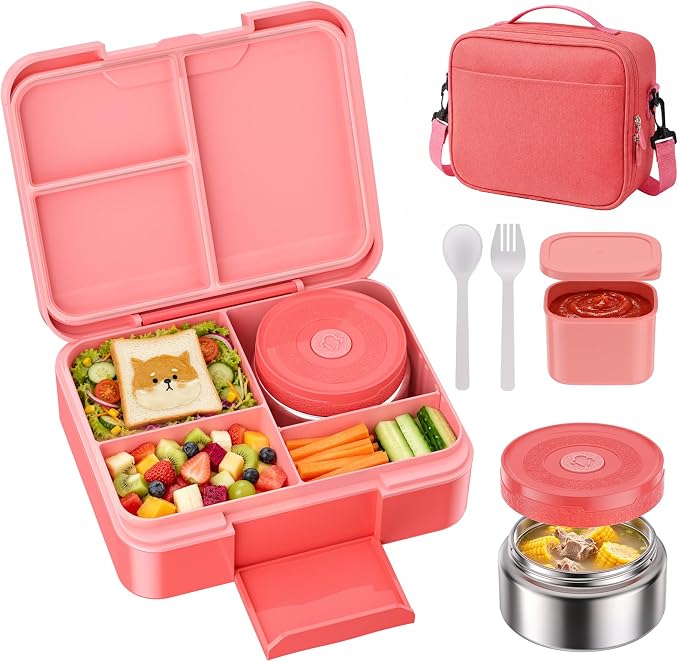 HOMETALL Lunch Box Bento Box for Kids with Food Thermo 8.5oz - Leakproof Lunch Box Kids with Lunch Bag Set for Girls Ages 3 to 14 Back to School,Reusable Snack Containers On-the-Go Meal Prep,Pink