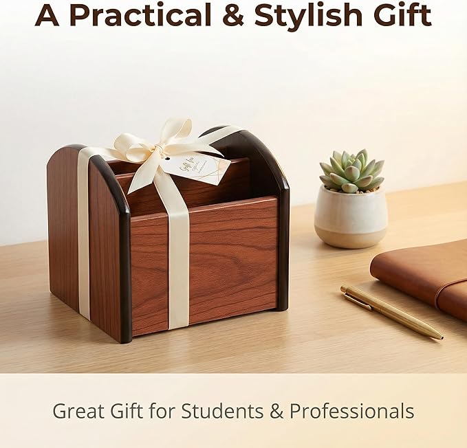 Wooden Desk Organizer with 4 Compartments, Remote Control Holder, Office Storage Caddy, 360-degree rotation Black and Brown Desk Organizer for Office Supplies
