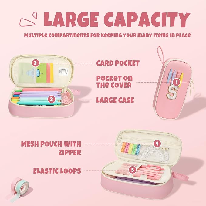 SUNEE Cute Pencil Case, Kawaii Big Capacity Pencil Pouch, Personalized Initial Pencil Bag with Zipper, Stationery Storage and Organizer, Back to School Supplies, Pen Box for Girls & Boys, Teen, S-Pink