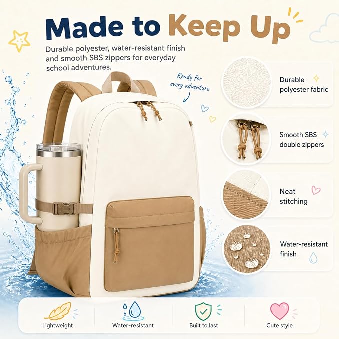 LOIDOU Backpack for Girls School Backpacks Bookbags for Elementary Middle School Women Laptop Backpacks (Brown Beige, L-17)