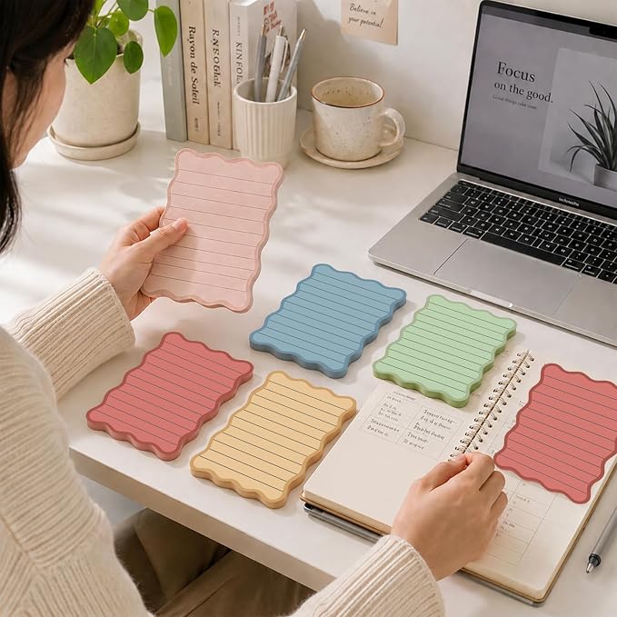 Whaline 8Pcs Stripe Scalloped Sticky Notes 4 x 6 Inch Neutral Color Striped Self Adhesive Lined Notepad Removable Memo Pad for Classroom Office Home School Party Supplies