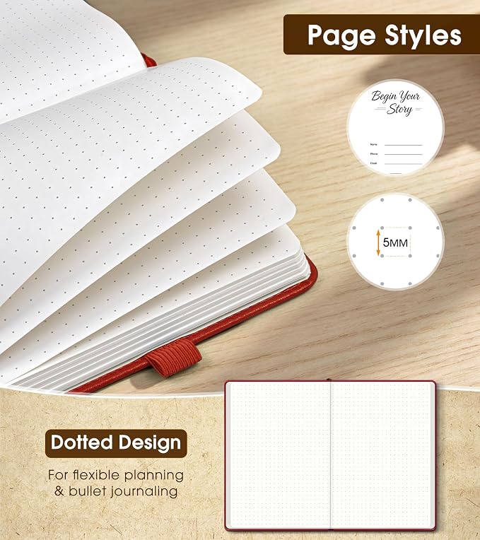 Dotted Journal Notebook, A5 Leather Hardcover, 160 Pages, 180° Lay-Flat Binding, 100 GSM Thick Paper, Dot Grid for Bullet Journaling, Planning & Daily Organization (Wine Red)