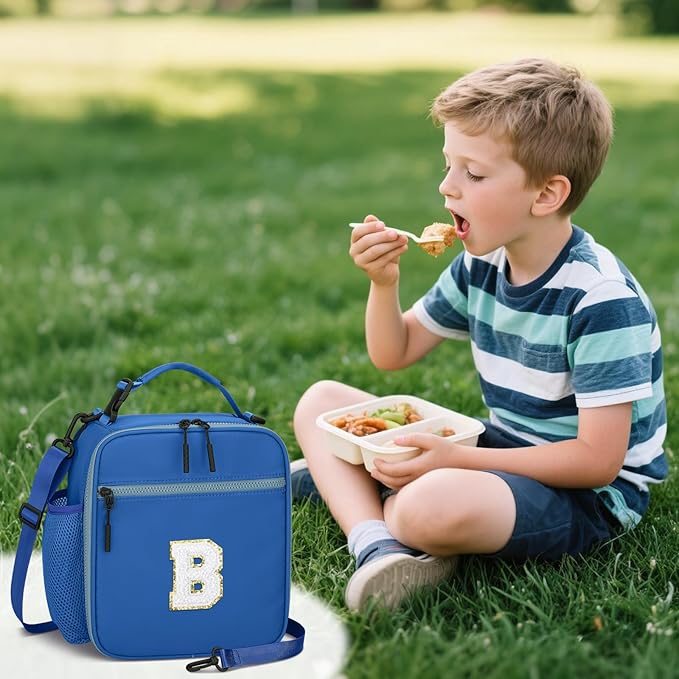 Initial Insulated Lunch Bag for Boys Kids, Back to School Gift, Reusable Leak-proof Lunch Box with Adjustable Strap for School Daycare Travel Picnic（Blue，B）