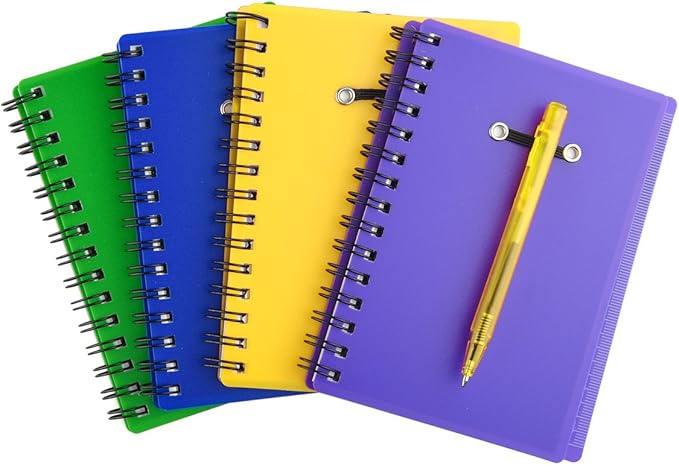 Coopay 4 Pieces Spiral Notebook Steno Pocket Notepad with Pen in Holder and Sticky Notes, Page Marker Index Tabs Flags Making Plans Writing Memos Office School Supplies (Yellow, Blue, Purple, Green)