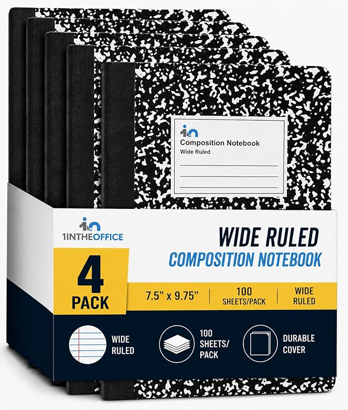 1InTheOffice Composition Notebook Wide Ruled, 1 Subject Notebook, Marble, 7.5" x 9.75", 100 Sheets, Black, 4 Pack