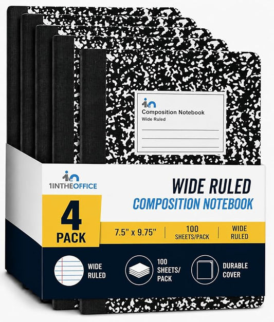 1InTheOffice Composition Notebook Wide Ruled, 1 Subject Notebook, Marble, 7.5" x 9.75", 100 Sheets, Black, 4 Pack