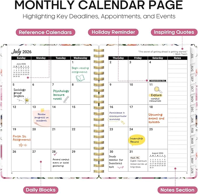 Planner 2026-2027, Academic Year Monthly and Weekly Calendar Planner, Jul 2026 - Jun 2027, Hardcover Teacher Student Planning Agenda book with Tabs, Perfect for School Office Supplies, 6.3" x 8.5" - Songbird Bloom
