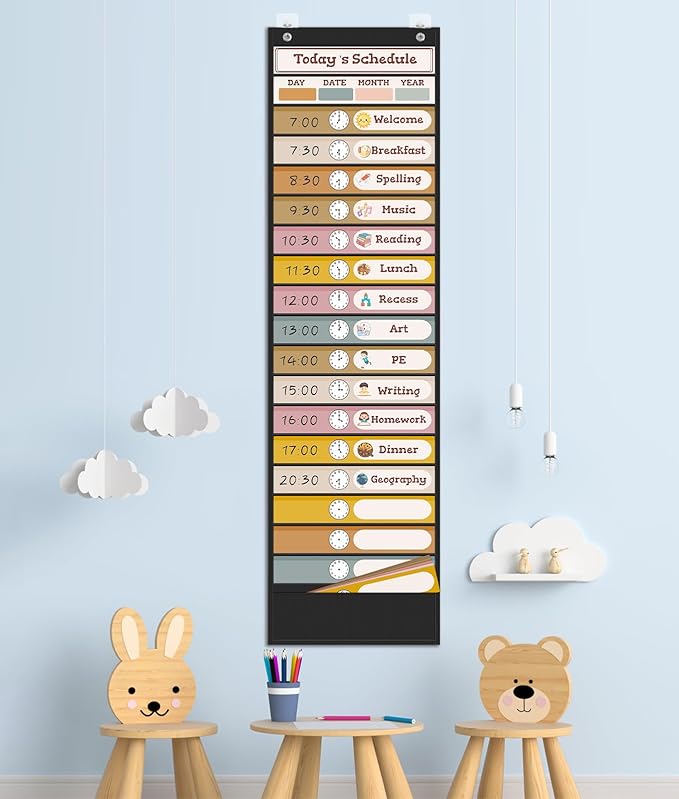 18+1 Pockets Daily Schedule Pocket Chart, Classroom Visual Schedule for Kids with 24 Double Sided Reusable Cards, Classroom Pocket Chart for Office Home Preschool Daily Use, Boho Black