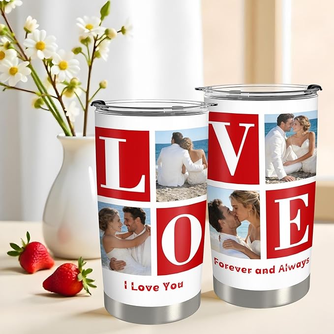Personalized Tumbler Custom Vacuum Insulated Travel Mug Customizable Coffee Cup with Your Photos and Text Christmas Birthday Gift (LOVE-4 Photos)