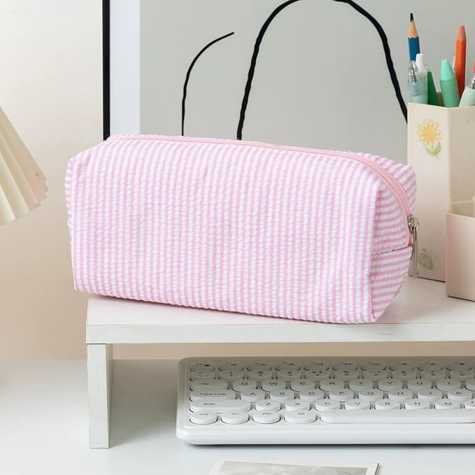 Cute Large Capacity Pencil Case | Aesthetic Striped Pencil Pouch for Office Supplies Organizer(Pink)
