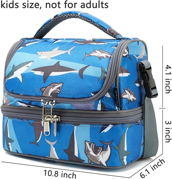 FlowFly Kids Double Decker Cooler Insulated Lunch Bag Large Tote for Boys, Girls, Men, Women, With Adjustable Strap, Shark