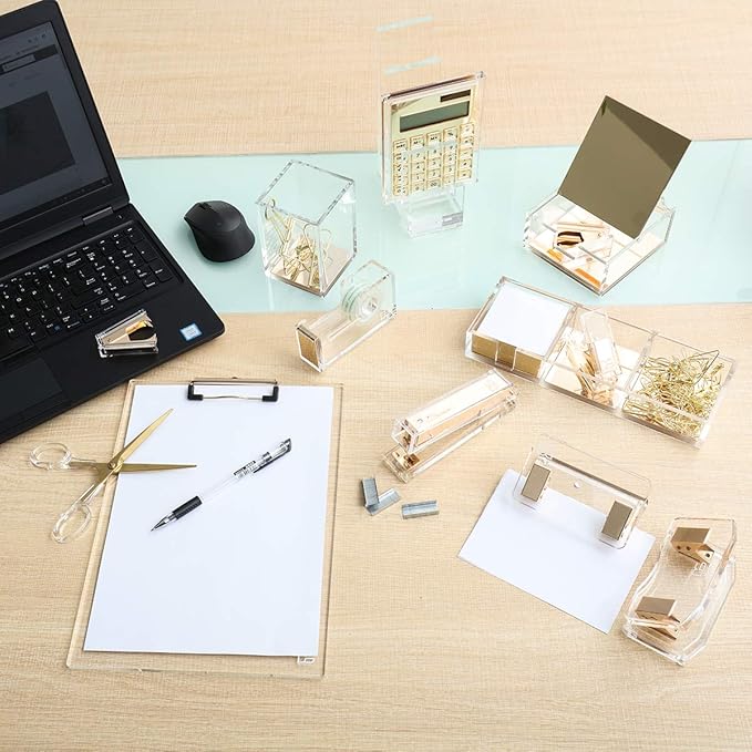 Clarity Gold Notes Holder with Cube Memo Pad 320 Sheets, Acrylic 3 in 1 Drawer Organizer by Draymond Story (Clips Sold Separately) - Gift Ideas for Women