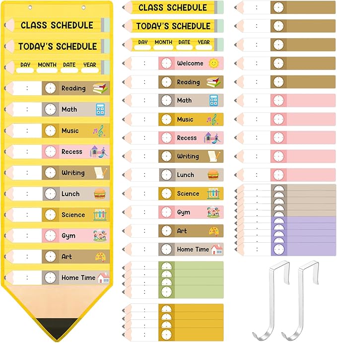 Fullhawl 45 Pcs Pencil Theme Daily Schedule Pocket Chart for Classroom, 13+1 Pockets Kids Schedule Teaching Scheduling Pocket Chart with Cards for Back to School Classroom Decoration