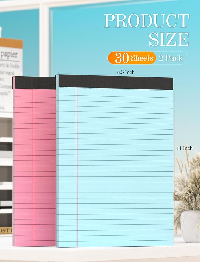 Zaviko Colored Legal Pads 8.5 x 11, 2 Pack Pink Notebook Paper 8.5 x 11, Note Pads 8.5x11 Notepad, Paper Pads 8.5x11 Writing Pads, Colored Lined Pads of Paper, Wide Ruled, 30 Sheets/Pad